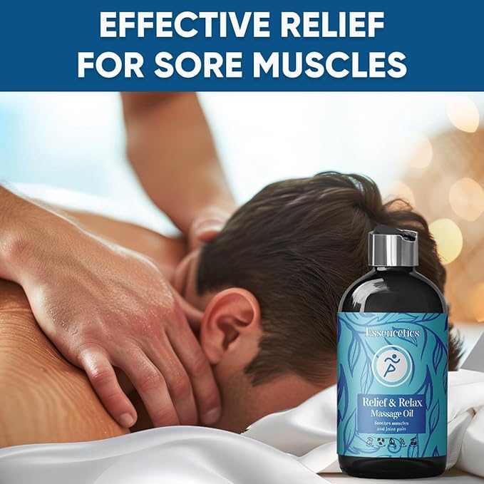 8 oz - Relief & Relax Sore Muscle Massage Oil with 100% Pure Arnica, Lavender & Rosemary Oils - Soothes Muscles & Joint with Relaxing Massage Oil for Massage Therapy