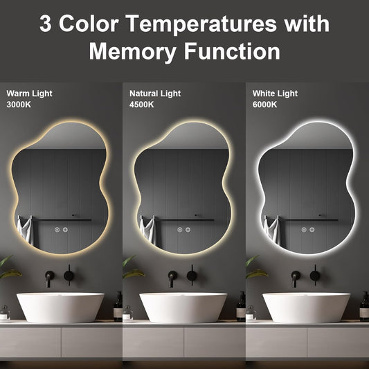 30"x22" Irregular LED Bathroom Mirror with Front & Backlight, Anti-Fog, Dimmable, 3 Color Modes, Wall-Mounted [Horizontal/Vertical]