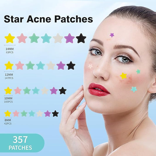 Pimple Patches for Face, Colorful Hydrocolloid Acne Patches, Cute Star Zit Covers for Face, Spot Stickers with Tea Tree, Salicylic Acid & Cica Oil| 4 Sizes (8mm, 10mm, 12mm & 14mm) |357 Count