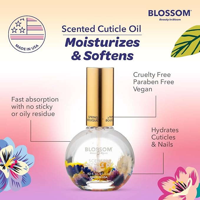 Blossom Cuticle Oil for Nails, Hydrating, Moisturizing, Scented Nail Oil Cuticle Care, Infused with Real Flowers, Made in USA, 0.92 fl. oz, Spring Bouquet
