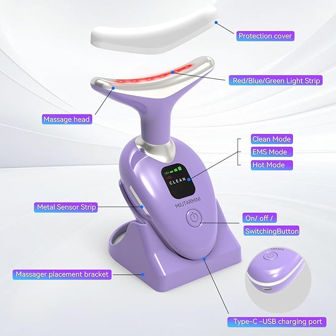 Facial & Neck Massager with Red Light Therapy | 7-Color LED Face Sculpting Wand | at-Home Skincare Tool for Women (Purple)