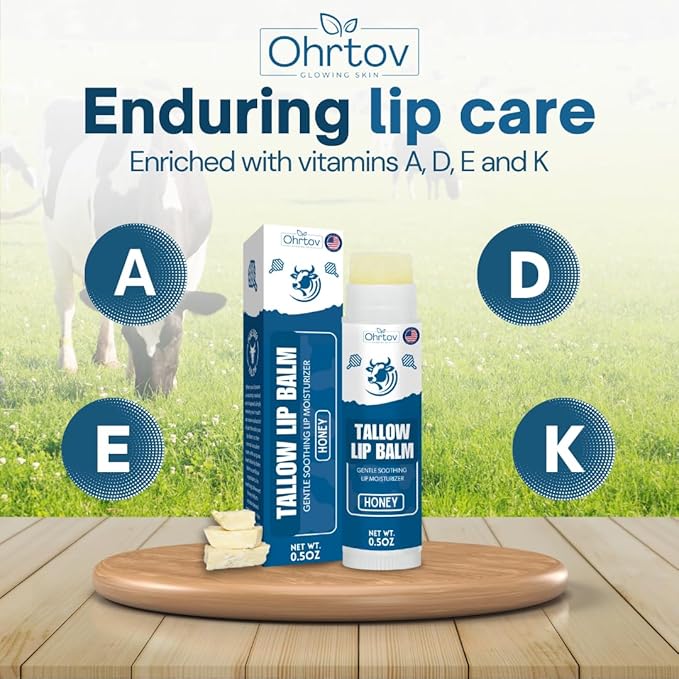 Beef Tallow Lip Balm – Natural Tallow Beeswax Chapstick – Hydrating Moisturizer Grass Fed Bison Tallow Balm Lip Care – Soothes Chapped, Dry Lips, Sensitive Skin – Long Lasting & Vitamin Rich USA-Made