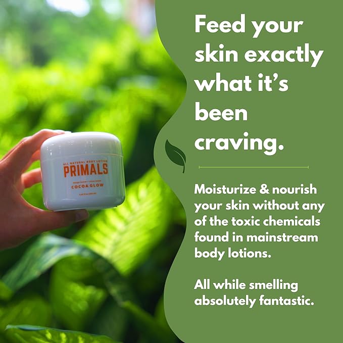 PRIMALS All Natural Body Lotion - Cocoa Butter & Mango Butter - 100% Naturally Derived Ingredients - Alcohol Free, Artificial Fragrance Free, Paraben Free, Petroleum Derivative Free - 8.45 oz