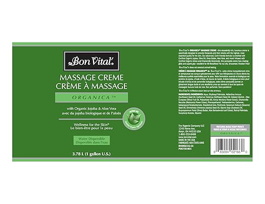 Bon Vital' Organica Massage Creme, Professional Massage Therapy Cream with Certified Organic Ingredients for Earth-Friendly Massage, Organic Jojoba Oil for Easy Glide, 1 Gal, Label may Vary