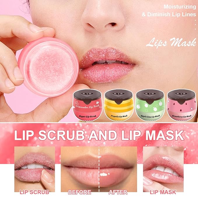 4 PCS Bee Lip Balm Honey Pot, Lip Scrub & Lip Mask Set Honey Watermelon Apple Strawberry Honey Lip Balm Sleeping Lip Mask Overnight with Sticks, Lip Exfoliating Prevention Dry and Crack