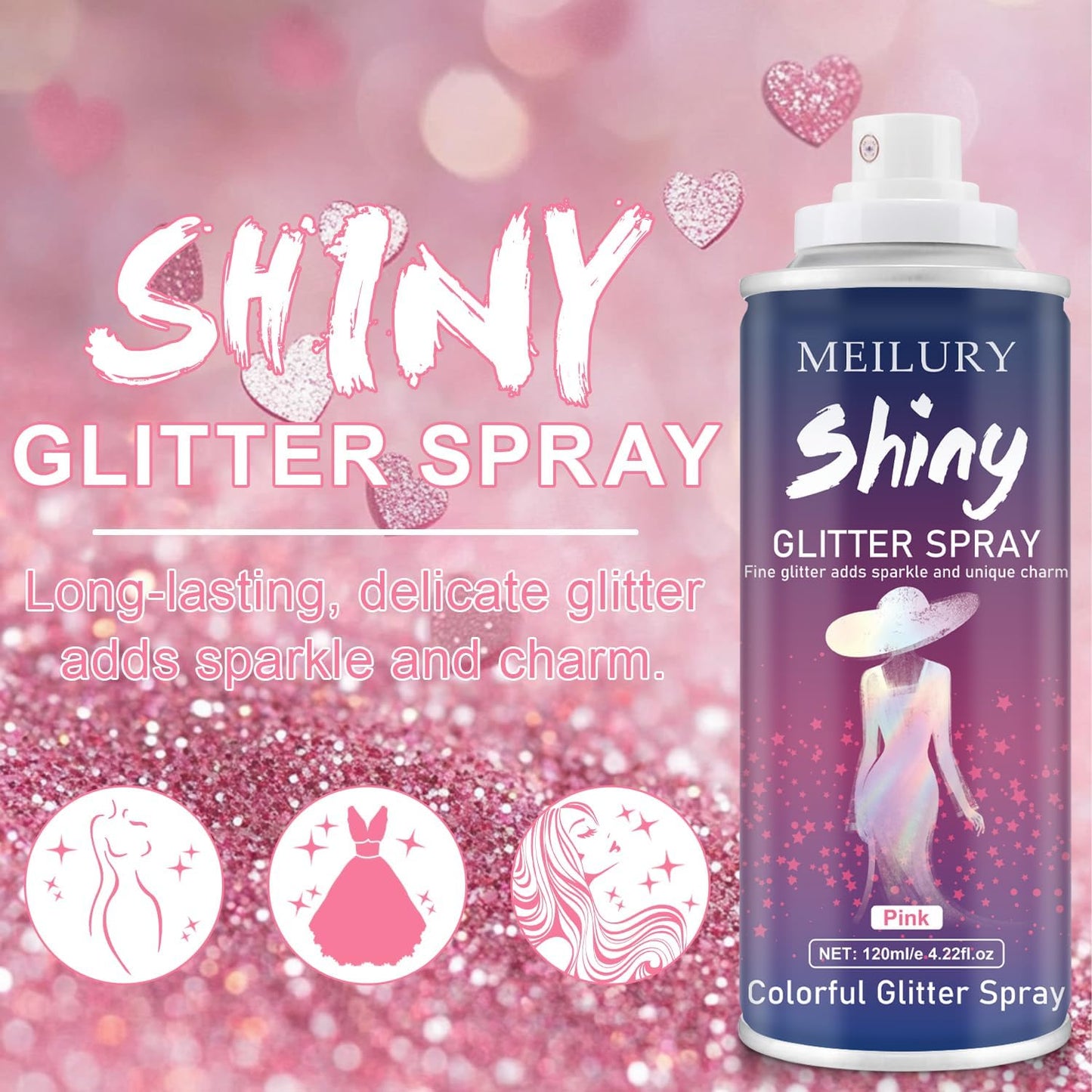 Hair and Body Glitter Spray, Holographic Glitter Highlighter Powder, Hairspray for Clothes, Face Body Shiny Glitter, Loose Shimmer Hairspray Festival Rave Prom Accessories, 4.22 Fl Oz (Pink)