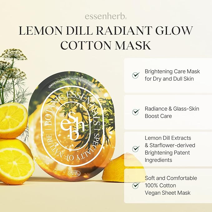 Lemon Dill Radiant Glow Cotton Mask, Brightening, Vegan, Korean Skin Care Face Mask 25g*5 sheets