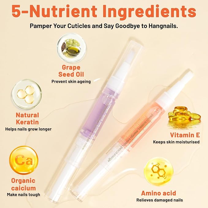 Meschett 2PCS Cuticle Oil Pens for Nail Care,Cuticle Revitalizer Oil Pen with Soft Brush,Cuticle Oil to Prevent Nail Cracking and Dry (Blueberry & Watermelon Flavor)