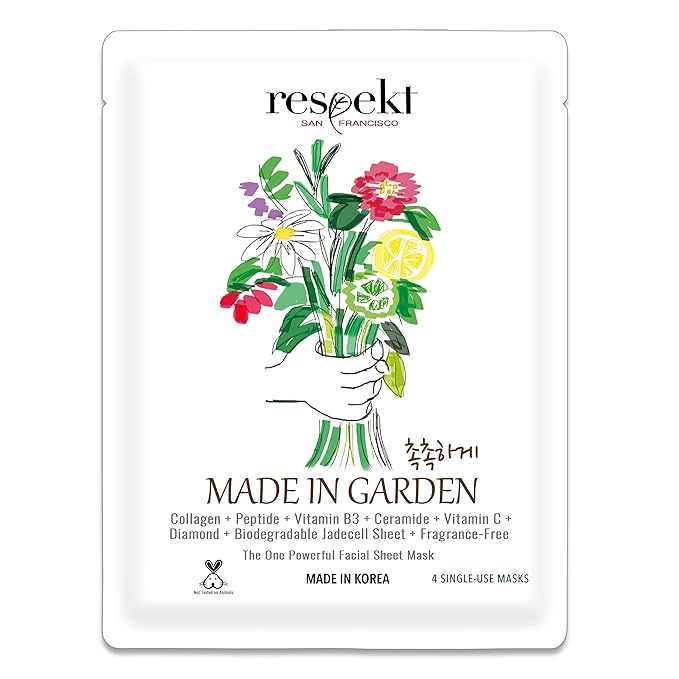 RESPEKT Facial Sheet Mask for Pore Tightening, Collagen Boost, Dark Spots, Moisturizing, Wrinkles: Collagen, Peptide, Hyaluronic Acid, Diamond Powder, Niacinamide, Biodegradable Sheet, 1 Sheet