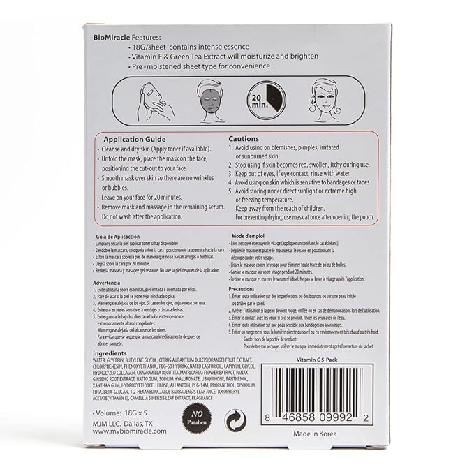 BioMiracle Vitamin C Collagen Essence, 20 Min Miracle Mask - Moisturizing, Firming and Rejuvinating (5 Pack, Pack of 2)
