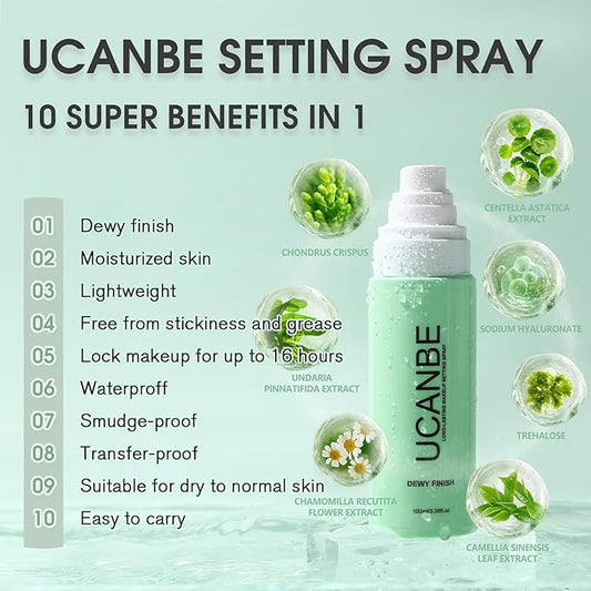 Dewy Makeup Setting Spray Kit-3.38 Fl oz Hydrating Illuminating Finishing Spray Lightweight Face Mist All Day Long Make up Fixer +2PCS Sponge Puff, Hydrate Skin for a Bright Look