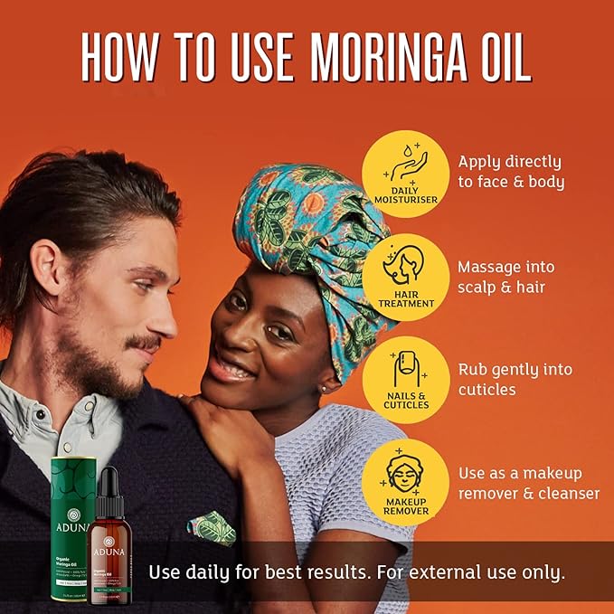 Aduna Moringa Oil - 100% Organic - 3.4fl oz Pure Moringa Oil - Unrefined Cold-Pressed Body, Hair & Face Oil - Best for Fine Lines and Moisturizing - Antioxidants