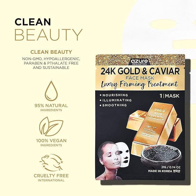 Azure Cosmetics 24K Gold and Caviar Anti Aging Luxury Face Mask - Hydrating & Firming Facial Mask - Helps Reduce Wrinkles & Fine Lines - With Hyaluronic Acid & Collagen - Made in Korea - Pack of 5