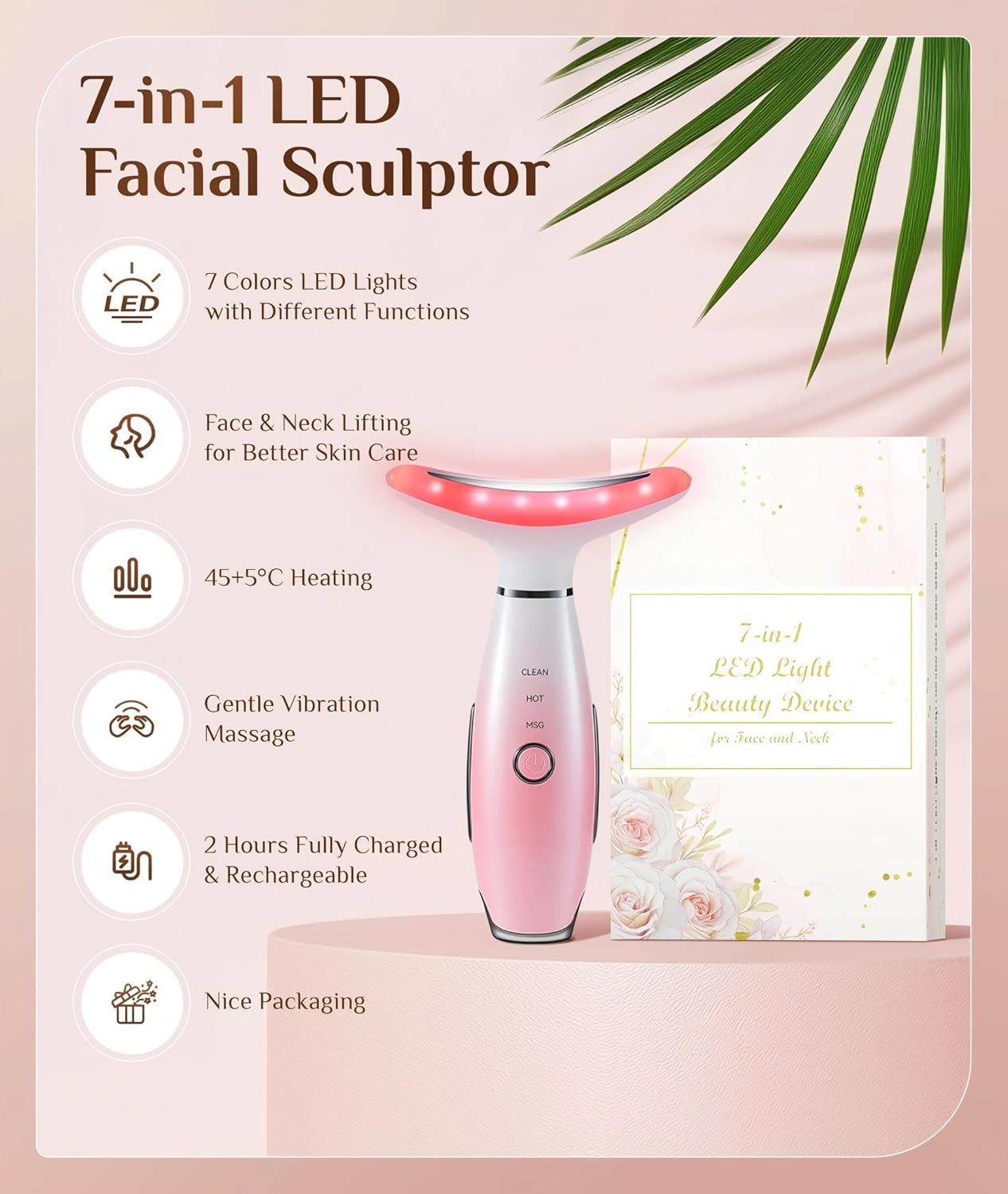 7 Color Galvanic Machines - Red Light Therapy for Face and Neck, Face Massager Tool for Wrinkles, Double Chin, Vibrating Facial Massager with Thermals, Pink
