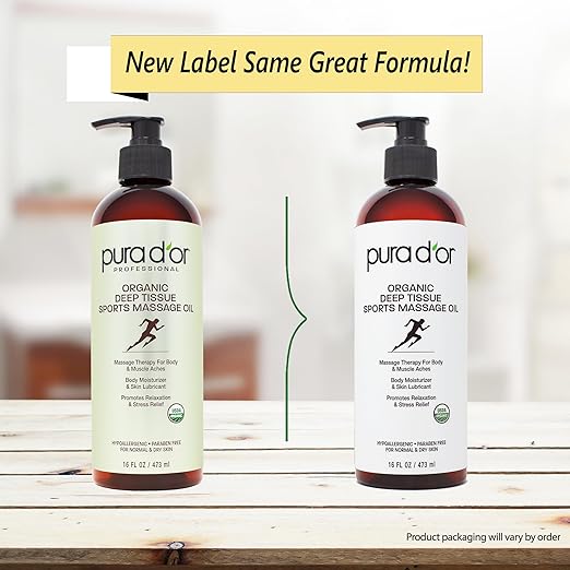 PURA D'OR 16 Oz Organic Deep Tissue Sports Massage Oil for Toned Sore Muscles - Jojoba Oil, Sunflower Oil, Almond Oil, Grapefruit Oil & Eucalyptus Oil - Alleviate Muscle Soreness