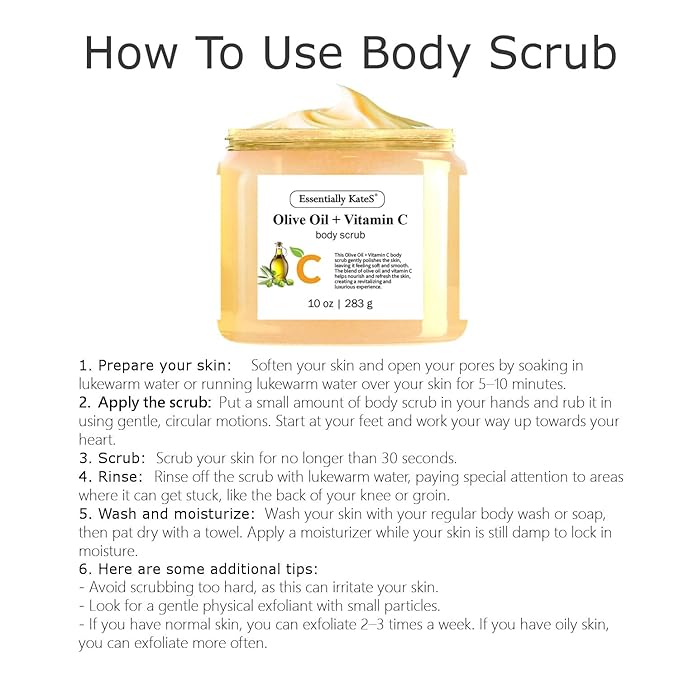 Olive Oil + Vitamin C Body Scrub 10 oz - A long lasting hydration while improving its texture - The best stocking stuffer