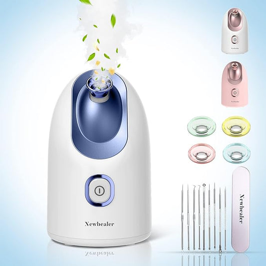 Newbealer Facial Steamer, Mini Aroma Face Steamer, Nano Ionic Hot Mist Face Humidifier for Facial Deep Cleaning, Home Sauna Spa Sprayer with 9 Pieces Acne Remover Kit (Blue, 160 ml)