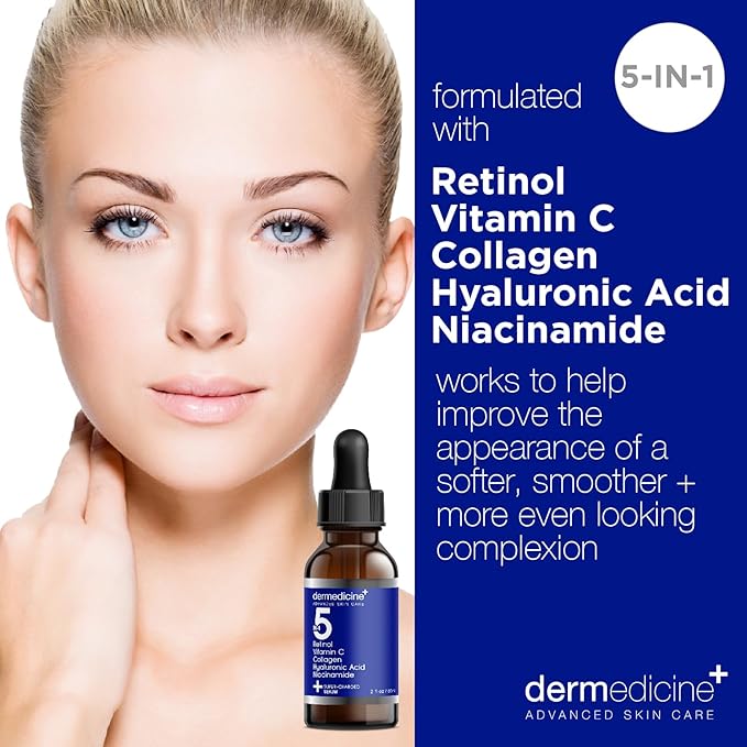 5 in 1 Potent Face Serum with Retinol, Vitamin C, Collagen, Hyaluronic Acid, Niacinamide | May Help Improve Appearance of Fine Lines and Reduce Appearance of Dark Spots | 2 fl oz / 60 ml