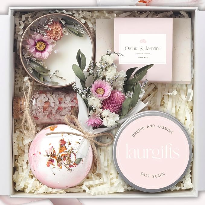 Orchid & Jasmine Spa Gift Baskets for Women – Luxury Birthday Bath Gifts for Mom, Wife, Sister, Friend - Self-Care and Relaxation Mother’s Day Gifts - Gift Baskets for Her for All Occasions
