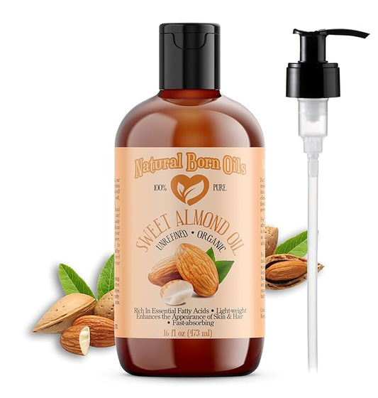 Natural Born Oils Sweet Almond Oil, 16oz, Organic, Cold-Pressed, Nutrient-Rich, Excellent for Soft Skin, Lustrous Hair