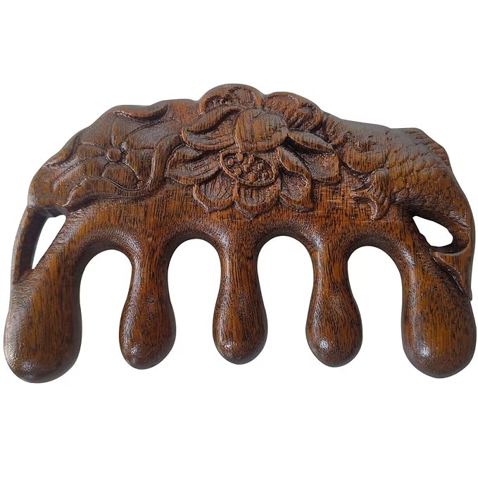 Wooden Massage Comb - 100% Natural Handmade Pure Wood Five-tooth Meridians Scalp Massager - No Static Wide Tooth Comb for Head - Scraping Massage Tool (Carving Style)