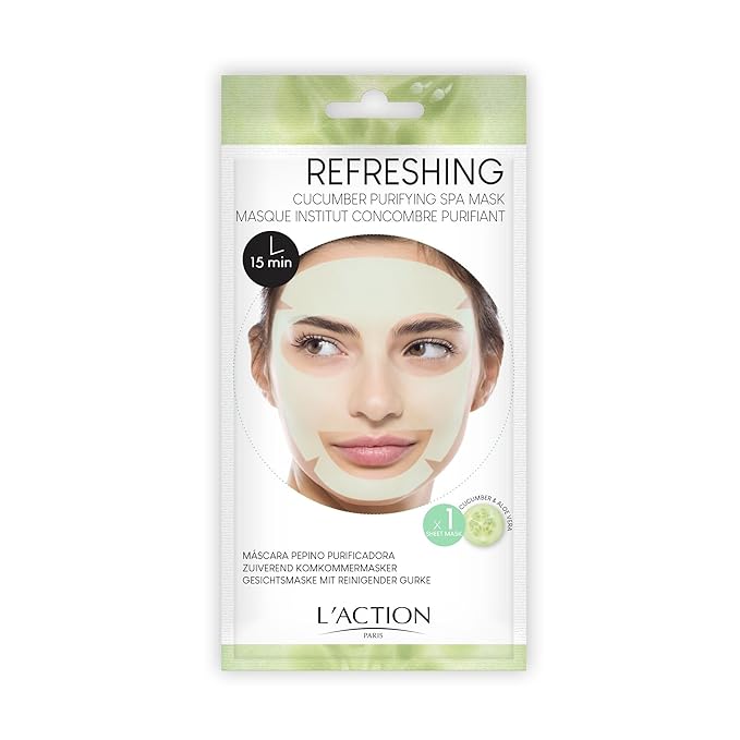 L'Action Paris Cucumber Purifying Spa Mask, Sheet Mask Balances and Purifies Skin, Enriched with Soothing Aloe Vera and Revitalising Papaya, Ideal for Tired Skin, Pack of 1