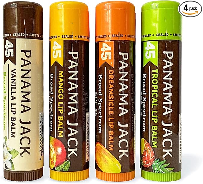 Panama Jack Sunscreen Lip Balm - SPF 45, Flavor Pack, Broad Spectrum UVA-UVB Sunscreen Protection, Prevents & Soothes Dry, Chapped Lips (Dreamsicle/Vanilla/Tropical/Mango)