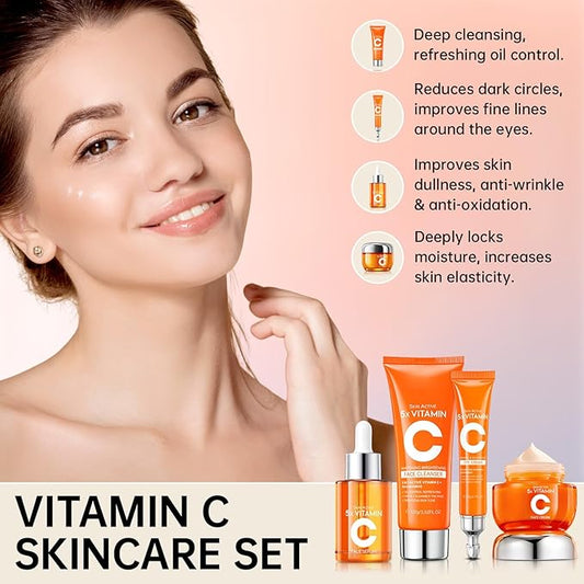 Vitamin C Skincare Set, 4PCS Travel Skincare Set With Facial Cleanser, Eye Cream, Serum & Face Cream, Facial Skincare Set for Teen Girls and Women for Moisturizing, Anti-Aging, Anti-Wrinkle