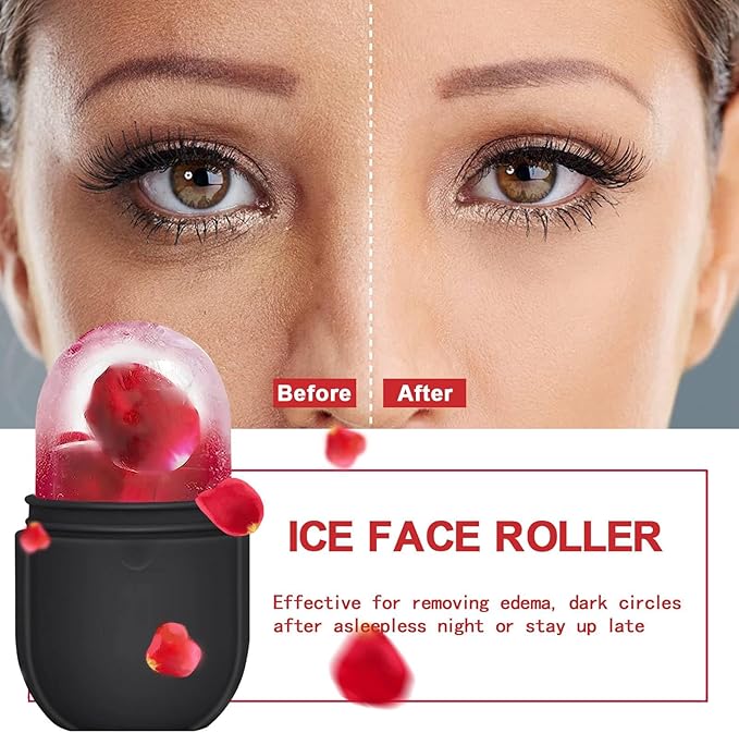 KOGITI Face Ice Roller & Mold - Beauty Facial Massage Tool for Puffiness Relief, Ice Cube Holder (New-Black)