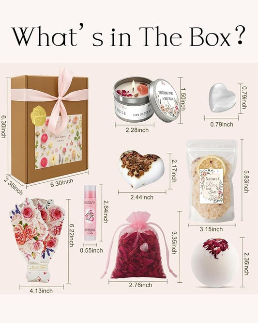 Spa Gifts for Women - Mothers Day Gifts for Mom, Self Care Kit, Birthday Anniversary Care Package Ideas for Wife Girlfriend Her, from Husband Daughter Friend, 8PCS Items with Rose Scent Themed