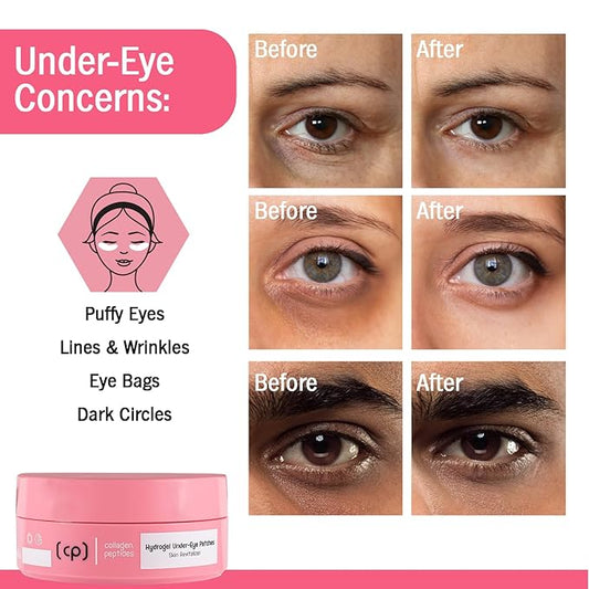 Pure Collagen Hydrogel Under Eye Patches & Peptides Skin Revitalizer, Anti Aging Skin Brightener, Treats Dark Circles, Puffy Eyes, Crow's Feet, Fine Lines & Wrinkles. Vegan. 60Pcs