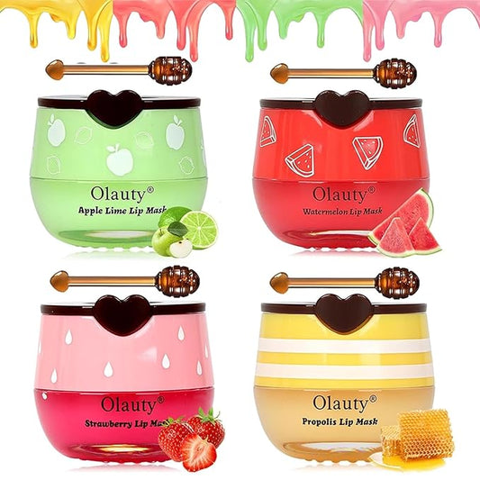 4Pcs Bee Lip Balm Honey Pot, Honey & Strawberry & Watermelon&Lime Lip Mask Overnight Moisturizing Lip Sleep Mask with Stick Hydrating & Prevention Dry and Cracked Lip Scrubs Exfoliator
