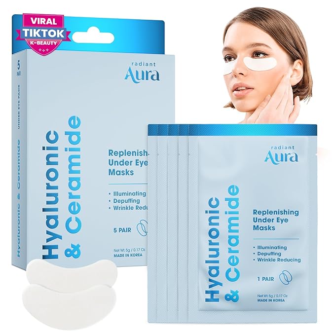 Under Eye Patches with Hyaluronic & Ceramide- Dermatologist Tested Korean Eye Gel Patches for Dark Circles & Puffiness -Illuminating & Wrinkle Reducing Formula for Brighter Eyes - 5 Pairs
