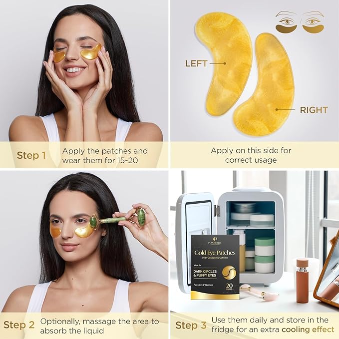 PLANTIFIQUE Gold Under Eye Patches for Puffy Eyes and Dark Circles 20+5 Pairs Under Eye Masks for Dark Circles and Puffiness Eye Gels with Collagen & Caffeine Anti Aging Gold Eye Mask Skincare