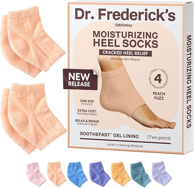 Dr. Frederick's Original Moisturizing Fuzzy Heel Socks - 2 Pairs - Cozy Gel-Lined Sleep Socks for Women & Men - Soothes Dry, Cracked Feet - Heel Repair - Peach Fuzz