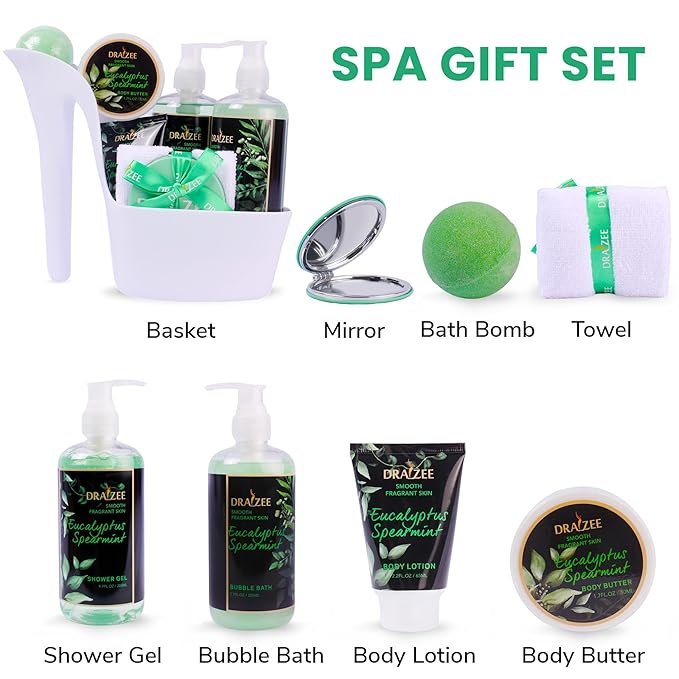 Draizee Mothers Day Gifts for Mom-Spa Gift Baskets for Women, 8 Pcs Luxury Eucalyptus Sparemint Scented Heel Shoe Design Bath and Body Spa Set-Self Care Package for Women, Greate for Mom-Body Care Set