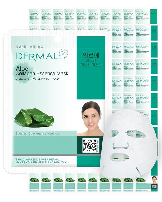 DERMAL Aloe Collagen Essence Facial Mask Sheet 23g Pack of 100 - Skin Revitalizing & Soothing, Refreshing and Moisturizing, Sunburn Relief, Daily Skin Treatment Solution Sheet Mask