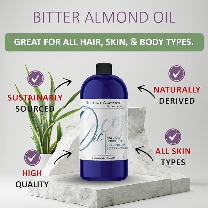Dr Joe Lab Bitter Almond Oil - 32 oz - Pure Unrefined Cold Pressed Extra Virgin Non GMO All Natural, Vegan Bulk Carrier Oil Perfect for Body Hair Face Skin Nails Facial Hair DIY Cosmetics