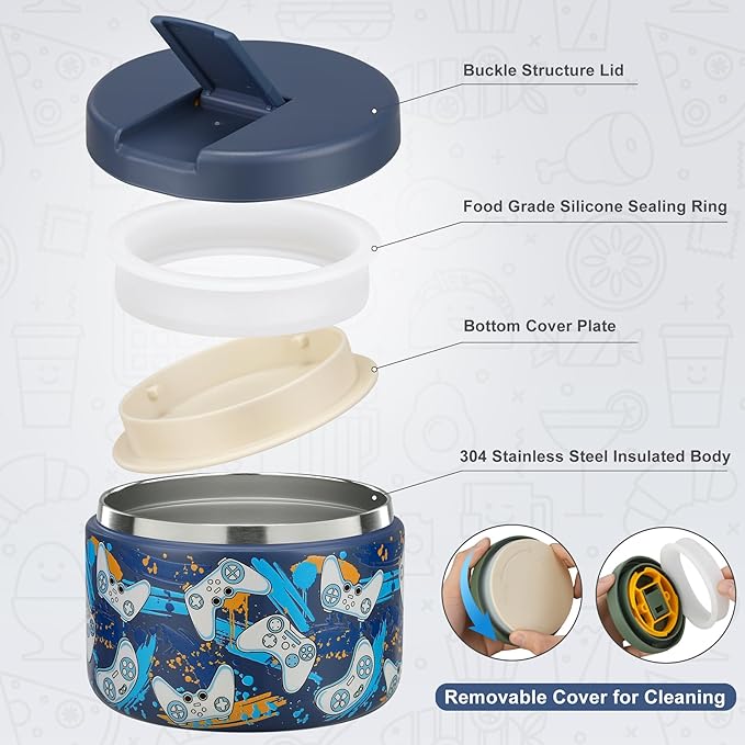 12oz Kids Soup Thermo for Hot Food Insulated Vacuum Food Jar with Buckle Lid, Stainless Steel Wide Mouth Leak Proof Lunch Container for School Travel 1 Pack