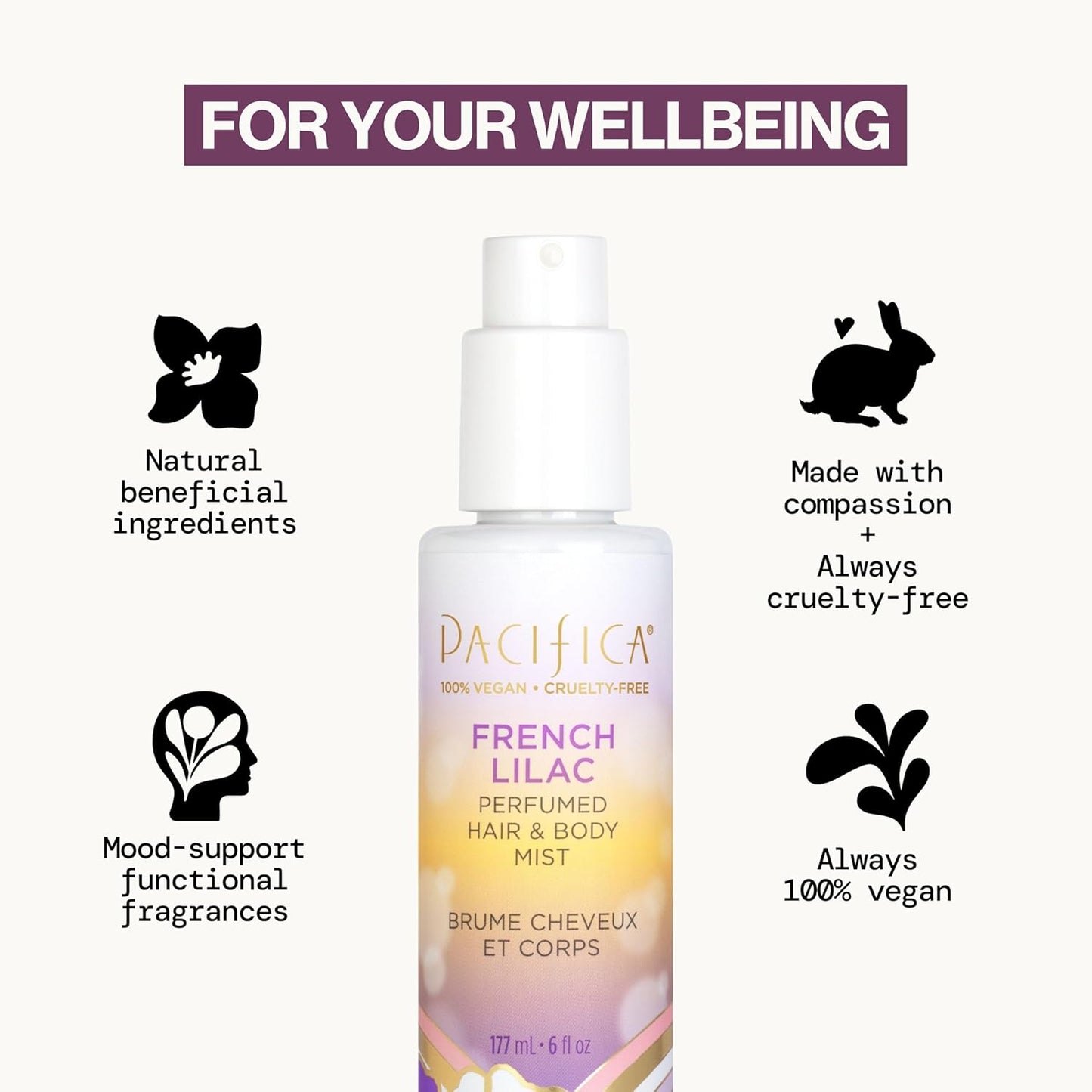 Pacifica French Lilac Perfumed Hair & Body Mist, Alcohol-Free Spray Designed For Head-To-Toe Wear, Vegan & Cruelty-Free, 6 Fl Oz