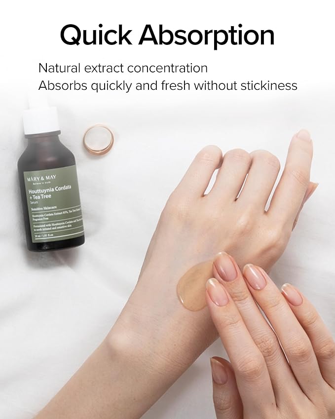 Mary&May Houttuynia Cordata + Tea Tree Serum - Effective Pore Clearing and Acne Treatment Face Serum - Non-Sticky Formula for Improved Skin Barrier and Calm Skin - Fragrance Free, 1.01 fl.oz.