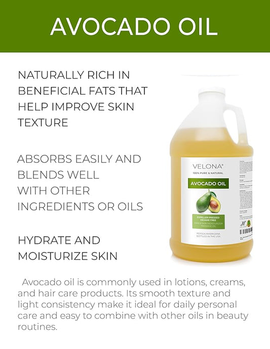 velona Avocado Oil 1 Gallon / 128 Fl Oz | 100% Pure and Natural Carrier Oil | Expeller-Pressed | Hair, Body and Skin Care | Use Today - Enjoy Results