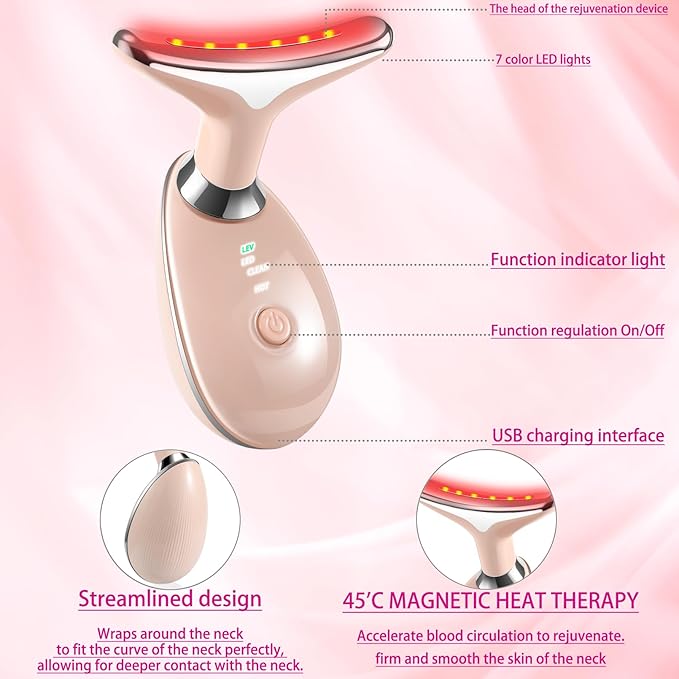 7-in-1 Face and Neck Massage Tool for Skin Care Gift, Multifunctional Electric Red Light Therapy for Face, Wrinkles, Double Chin (Pink)