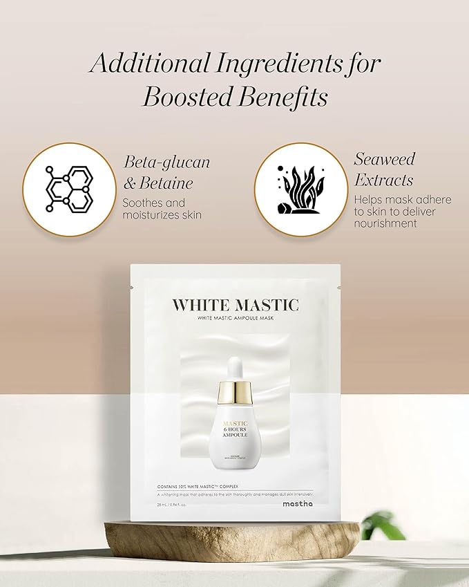 MASTINA White Mastic Ampoule Sheet Mask Pack of 12- Illuminating. Ultra-Moisturizing Facial Mask. Intensive Korean Skin Care. Fermented Mastic Gum