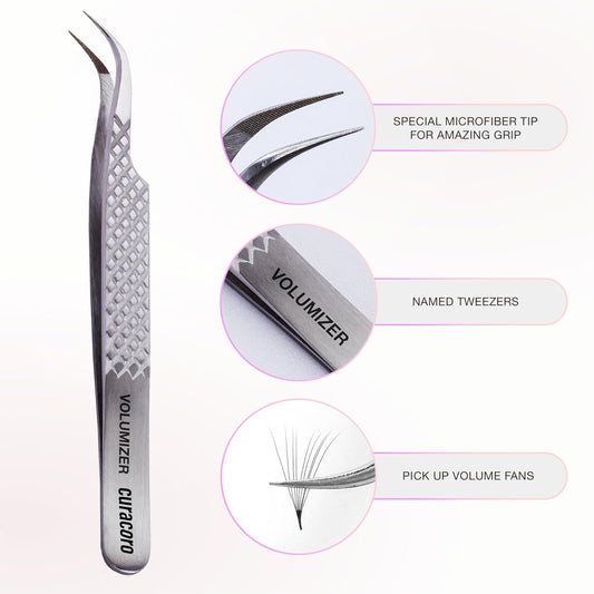 Curacoro Lash Tweezer - Professional & Precision Fiber Tip Grip Lash Tweezers for Eyelash Extensions, Multi Shapes & Purposes Tweezers for Volume, Isolation & Classic Lashes (Silver, Volumizer)
