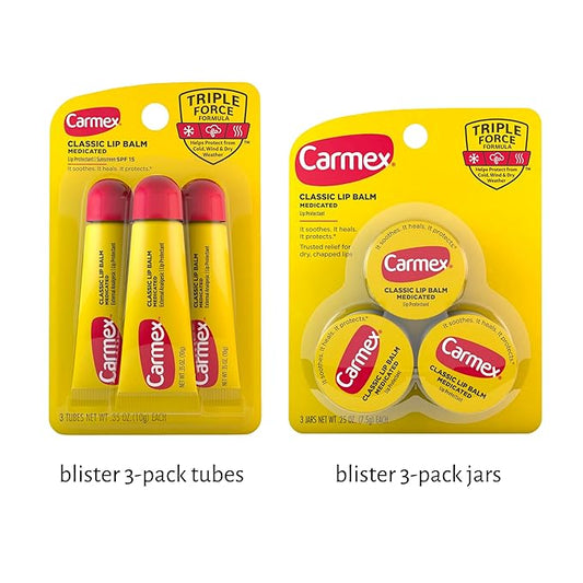 Set of 6 Medicated Lip Balms. Carmex Lip Balm Moisturizer: 3 Jars and 3 Tubes. Trusted Relief for Dry, Chapped Lips. Bundled with Silicone Lip Brush and Lip Balm Holder Keychain (White)