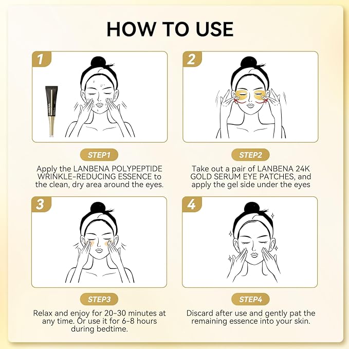 LANBENA Under Eye Patches (6 Pairs), Wrinkle-Reduce Essence(0.27 Fl.Oz), 24K Gold Full Around Gel Serum Mask, Puffy Undereye Treament, Fine Lines, Refresh, Hydrate| Paraben free, Eye Skin Care