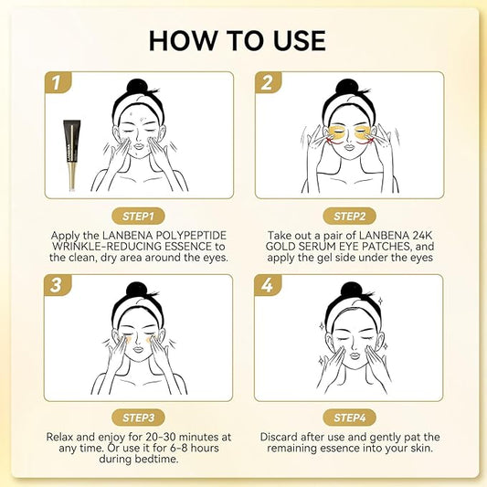 LANBENA Under Eye Patches (6 Pairs), Wrinkle-Reduce Essence(0.27 Fl.Oz), 24K Gold Full Around Gel Serum Mask, Puffy Undereye Treament, Fine Lines, Refresh, Hydrate| Paraben free, Eye Skin Care