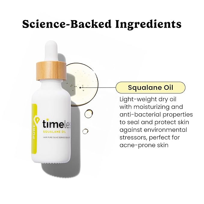 Timeless Skin Care Squalane Oil 100% Pure - Plant-Based Face Oil - Fragrance-Free - For Dry Skin - Moisturizing - 1 oz