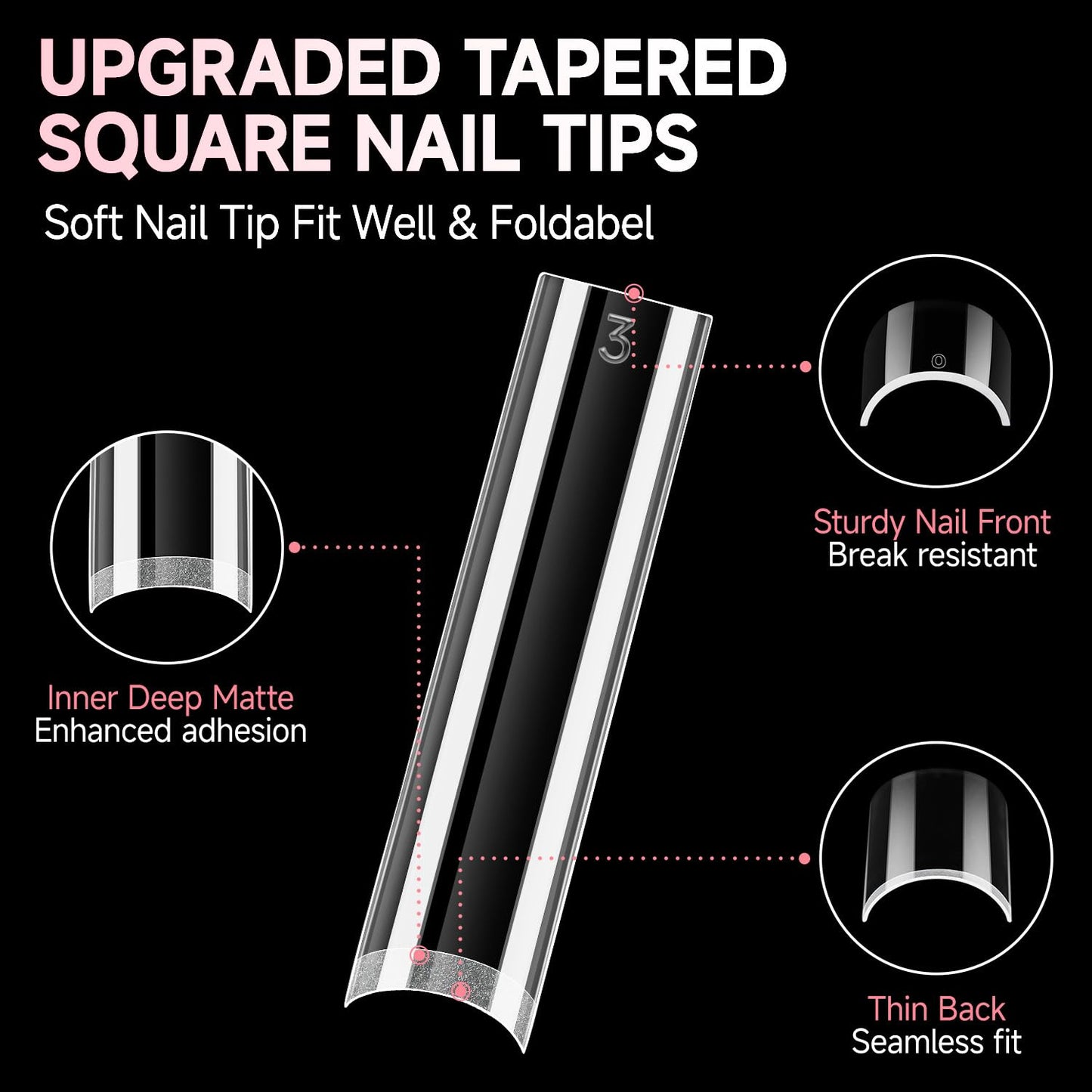 UNA GELLA No C Curve Nail Tips 504 PCS Extra Long XXL Tapered Square Nail Tips Half Cover Nails tips Straight Shape For French Acrylic Nails False Fake Clear Tips Square Shape with Box